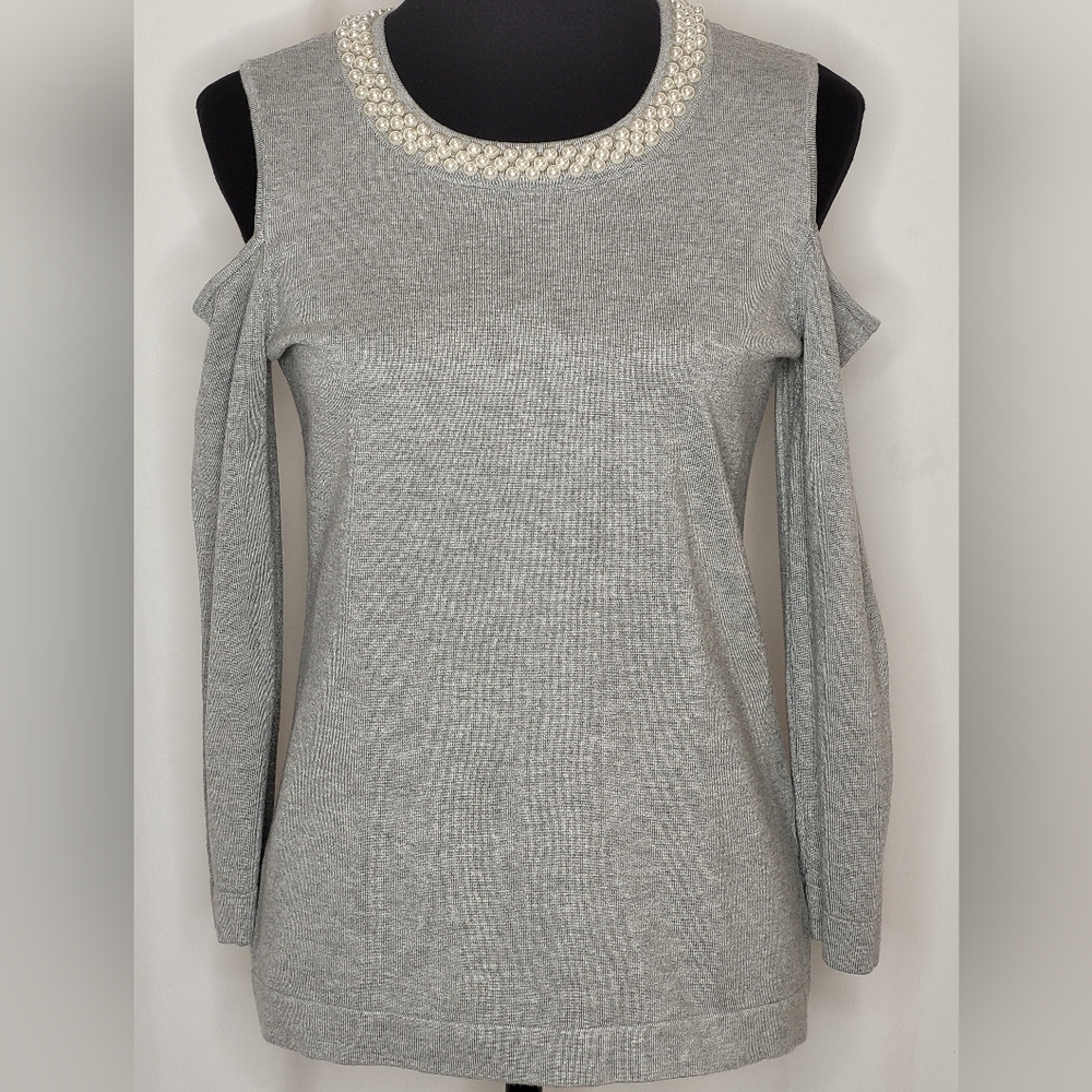 Karl Lagerfeld Cold Shoulder Faux Pearl-Embellished Sweater - Size S